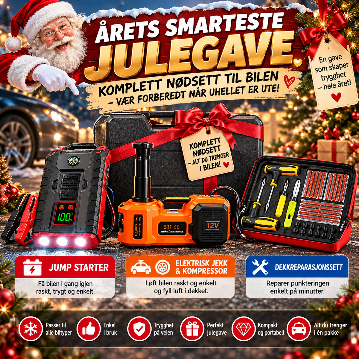 Bil Rep.Pakke  Lappesake -Jekk, kompressor og jumpstarter
